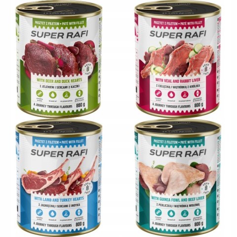 Super Rafi z filecikami mix 4 smaków dla psa puszka 12x800g